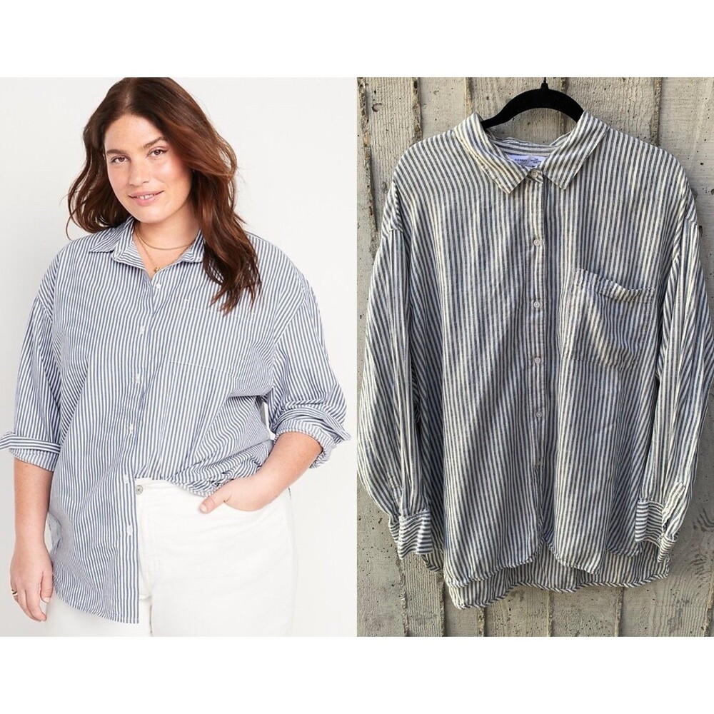 Old Navy Linen-Blend Loose Button-Down Shirt Size 2X Coastal Nautical Preppy